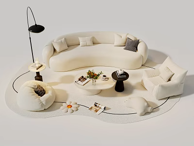 Modern White Sofa Coffee Table Set with Round Rug Floor Lamp Armchair in Living Room 3d model