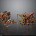 Vintage Red Carriages With Canvas Awnings Wooden Wheels And Small Tables