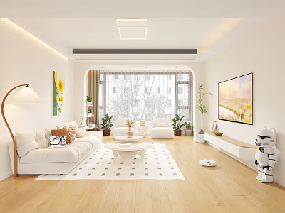 Bright Modern Living Room Interior With White Sofa Geometric Rug Potted Plants And Wall TV 3d model