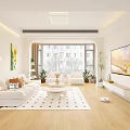 Bright Modern Living Room Interior With White Sofa Geometric Rug Potted Plants And Wall TV