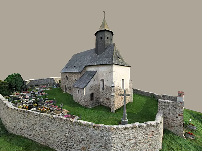 European Architecture Ancient Church With Steeple Tower Stone Wall Encircling Cemetery Cross And Green Grass 3d model