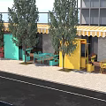 Bright Colorful Outdoor Street Vending Kiosks Along Sunny Urban Public Wooden Pedestrian Walkway