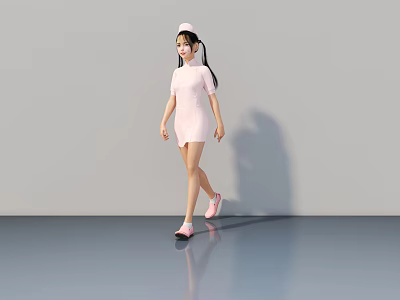 Woman in pink nurse uniform with cap and pigtails walking on blue floor gray background 3d model