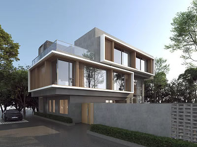 Modern Detached Villa Exterior With Large Glass Windows Concrete Structure Wooden Elements And Trees 3d model