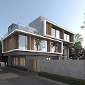 Modern Detached Villa Exterior With Large Glass Windows Concrete Structure Wooden Elements And Trees