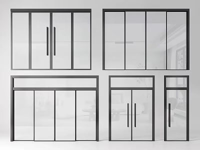 Sliding Glass Doors With Black Frames And Various Home Interior Designs 3d model