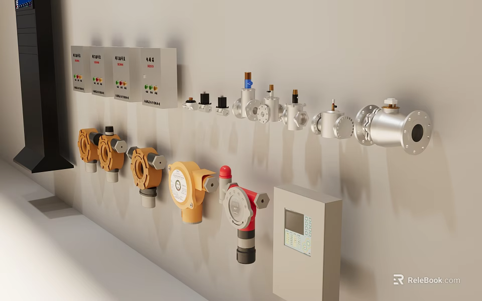 Wall Mounted Kitchen Appliances With Yellow Red Silver Devices And Control Boxes 3d model