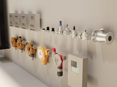 Wall Mounted Kitchen Appliances With Yellow Red Silver Devices And Control Boxes 3d model