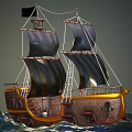 Wooden Ship with Striped Sails Hull Gold Accents and Anchor on Ocean Waves Under Sky