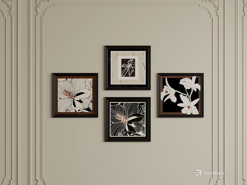 Framed Oil Paintings With White Lilies On Beige Decorative Wall 3d model 