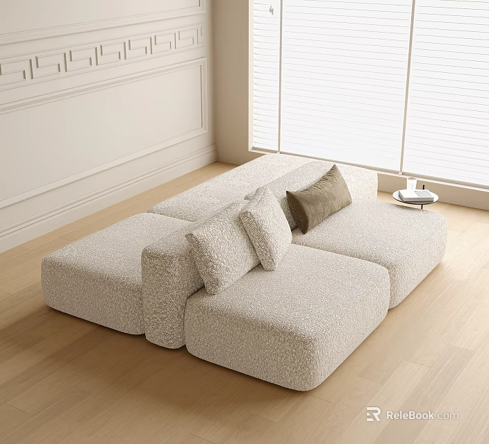 Cozy Light Beige Sectional Sofa in Modern Living Room with Soft Cushions and Wooden Floor 3d model 