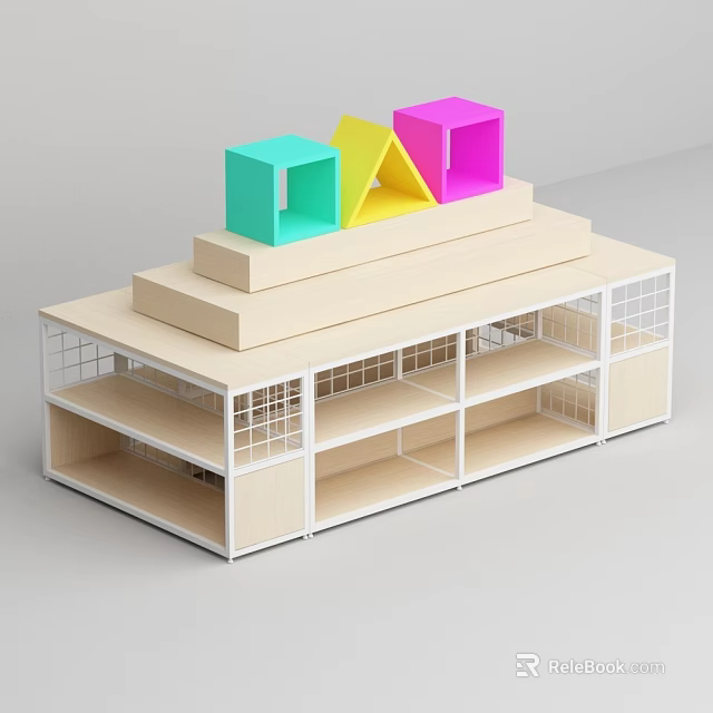 Light Colored Multi Tiered Display Shelf With Blue Yellow Pink Cubes And Triangle 3d model