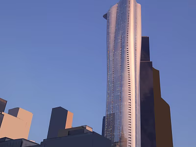 Modern Tall Office Building With Glass Curtain Wall And Urban Skyline 3d model