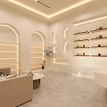 Modern White Boutique Interior With Glass Display Shelves Arched Entrance And Bright Illuminated Lighting