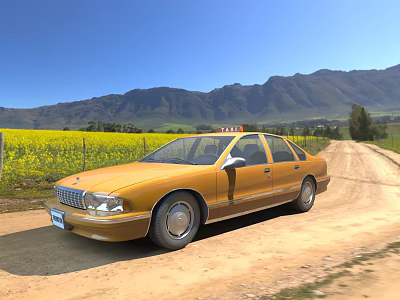 Yellow Sedan Parked On Dirt Road With Yellow Flower Field And Mountains Under Blue Sky 3d model