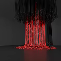 Striking Art Installation With Black Suspended Structure Red Light Hanging Elements And Person Viewing 3d model