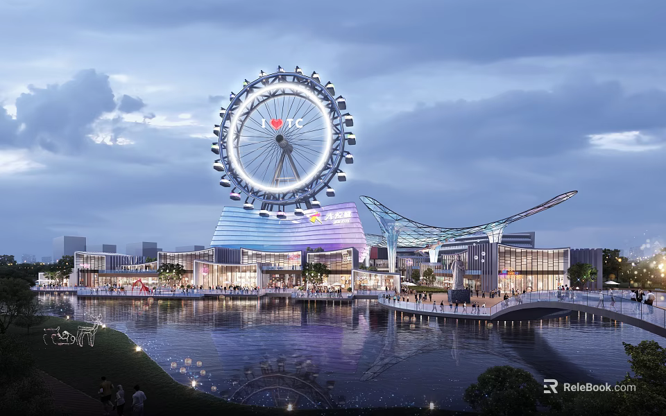 Waterfront Commercial Complex Featuring Ferris Wheel Modern Architecture and Evening Illumination 3d model 