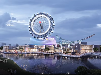 Waterfront Commercial Complex Featuring Ferris Wheel Modern Architecture and Evening Illumination 3d model