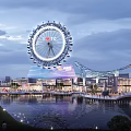 Waterfront Commercial Complex Featuring Ferris Wheel Modern Architecture and Evening Illumination