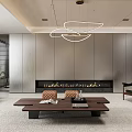 Modern Living and Dining Room Interior with Open Layout Sofa Coffee Table Fireplace and Chandelier