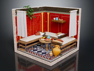 Cartoon Scene Featuring Red Walls White Curtains Plant Daybeds Small Table And Colorful Tiled Floor 3d model