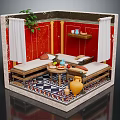 Cartoon Scene Featuring Red Walls White Curtains Plant Daybeds Small Table And Colorful Tiled Floor