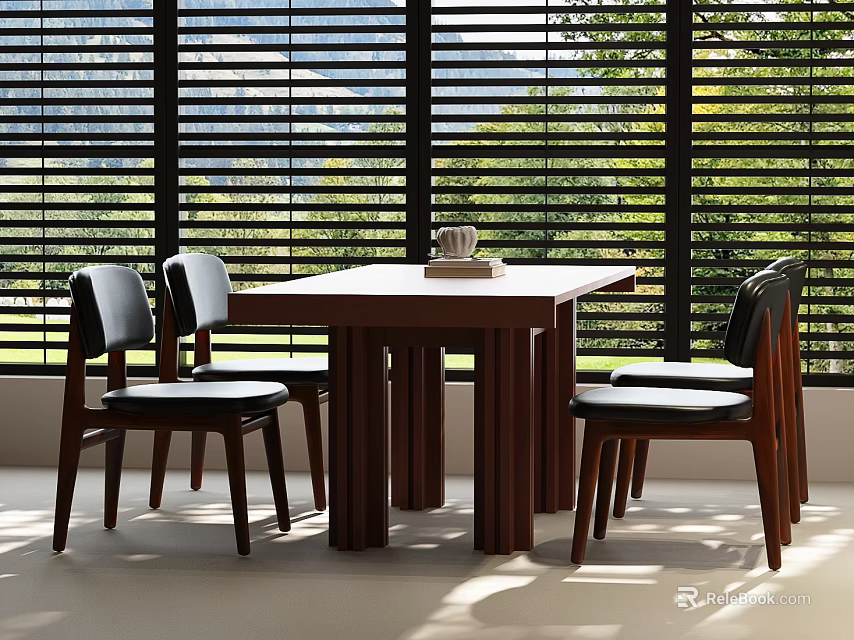 Modern Wooden Dining Table Set With Four Chairs And Window Blinds Greenery View 3d model