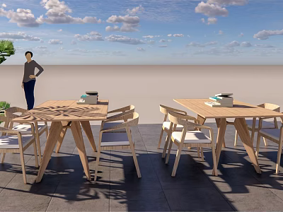 Outdoor Wooden Desks With Books And Chairs Under Blue Sky And White Clouds 3d model