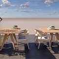 Outdoor Wooden Desks With Books And Chairs Under Blue Sky And White Clouds
