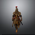 Man in Golden Brown Ancient Armor With Red Feather Helmet Holding Weapons Marching