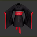 Traditional Black Japanese Kimono With Red Obi Belt And Red Cuffs Design
