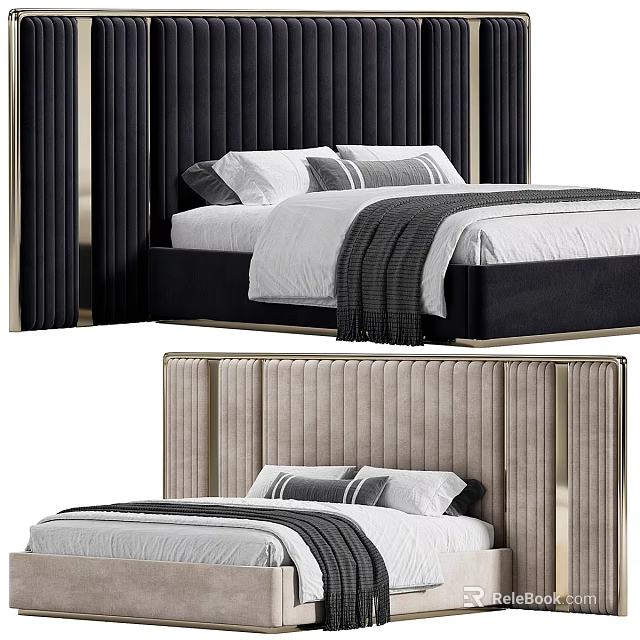 Elegant Modern Double Bed With Tufted Velvet Headboard Gold Accents Linen Bedding Pillows Throw Blanket 3d model 