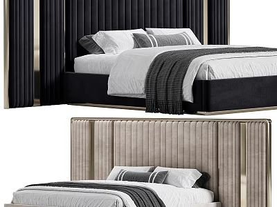 Elegant Modern Double Bed With Tufted Velvet Headboard Gold Accents Linen Bedding Pillows Throw Blanket 3d model