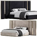 Elegant Modern Double Bed With Tufted Velvet Headboard Gold Accents Linen Bedding Pillows Throw Blanket
