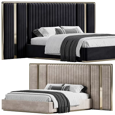 Elegant Modern Double Bed With Tufted Velvet Headboard Gold Accents Linen Bedding Pillows Throw Blanket 3d model