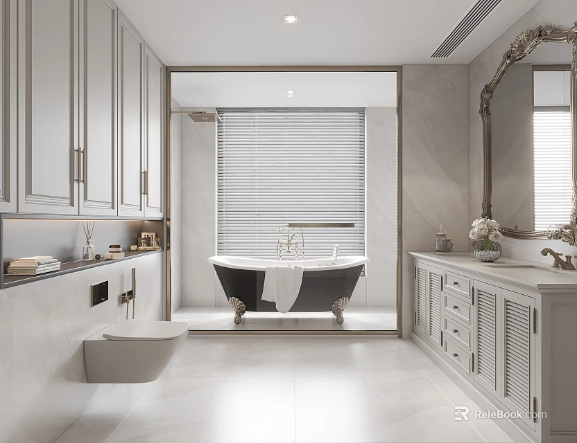 Modern Bathroom Interior With White Cabinetry Freestanding Bathtub Vanity Large Mirror And Blinds 3d model 