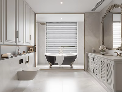 Modern Bathroom Interior With White Cabinetry Freestanding Bathtub Vanity Large Mirror And Blinds 3d model
