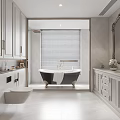 Modern Bathroom Interior With White Cabinetry Freestanding Bathtub Vanity Large Mirror And Blinds