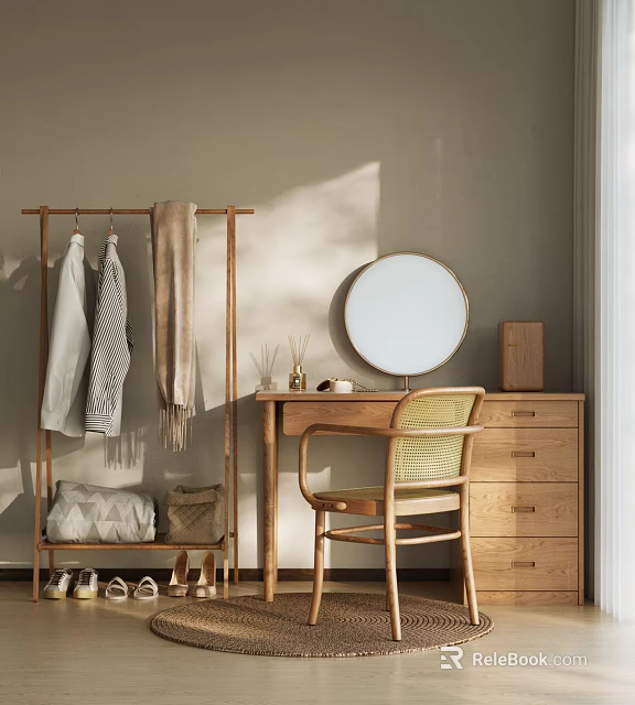 Minimalist Dresser With Round Mirror Rattan Chair Wooden Drawers And Clothes Rack In Natural Light 3d model 