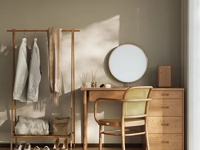 Minimalist Dresser With Round Mirror Rattan Chair Wooden Drawers And Clothes Rack In Natural Light 3d model