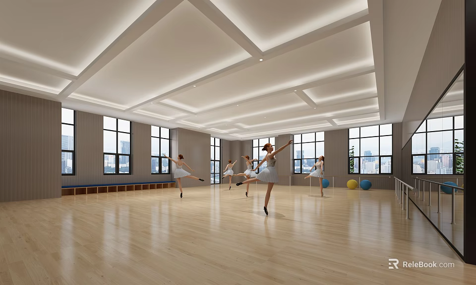 Dance Studio With Wooden Floor Windows And Fitness Balls For Ballet Practice By Female Dancers 3d model 