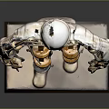 Intricate Humanoid Sculpture with Gold and Silver Metallic Armor Design on White Pedestal Base