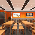 Open Restaurant Interior With Wooden Dining Tables Orange Walls And Landscape Decor