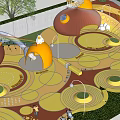 Colorful Children Playground With Rainbow Slide Mushroom Houses And Kids Playing