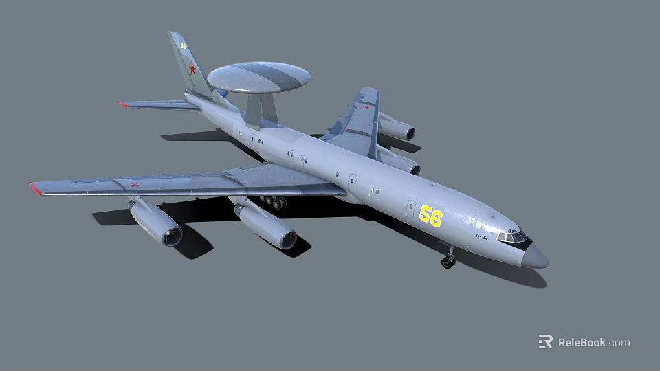 Gray Passenger Aircraft with Radar Dome Four Engines Tail Marking and Yellow Number 58 3d model 