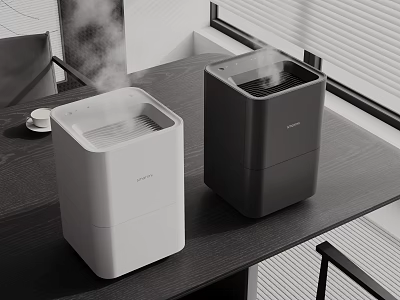 Two Modern Electric Humidifiers White And Black For Home Office Use On Table 3d model