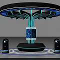 Modern Display Shelf with Circular Structure Blue Purple Lighting and Bottom Devices for Product Showcase