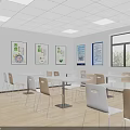 Bright Cafeteria Interior With Wooden Tables Chairs Posters Window Ceiling And Floor 3d model
