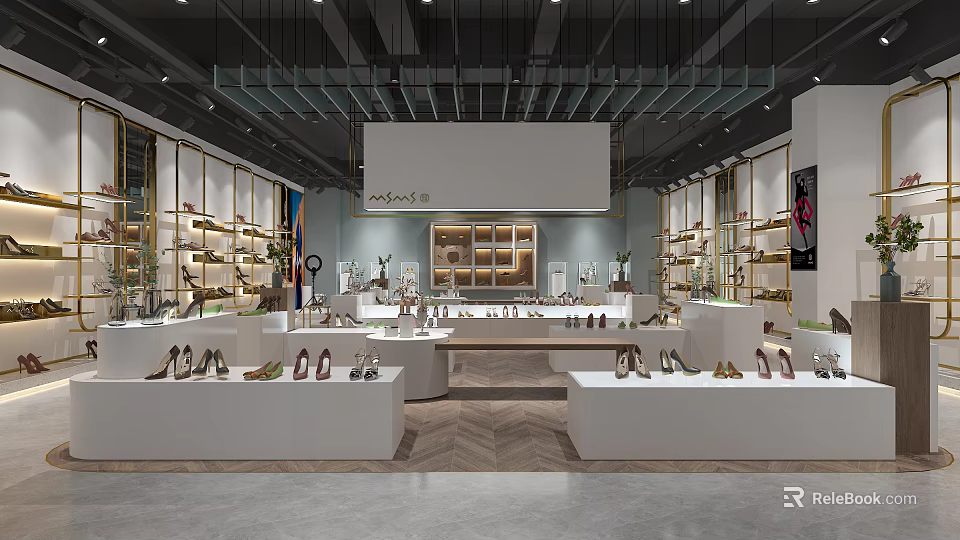 Modern Shoe Store Interior With Display Counters Shelves Various Footwear And Lighting 3d model 