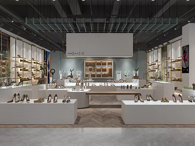 Modern Shoe Store Interior With Display Counters Shelves Various Footwear And Lighting 3d model
